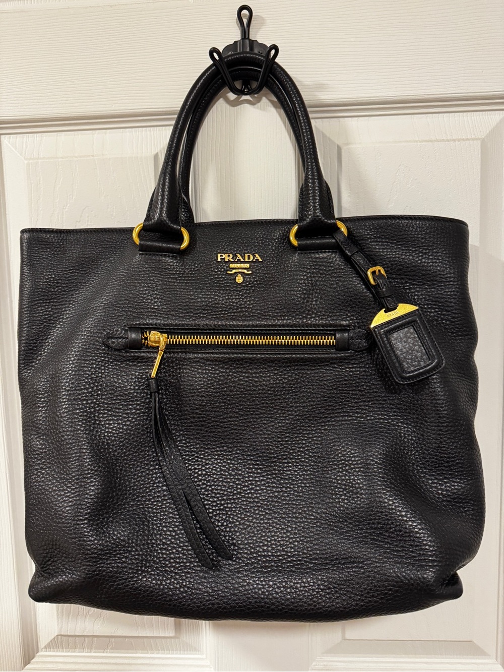 Prada Vitello Daino Black Leather Tote with Straps – Authentic
